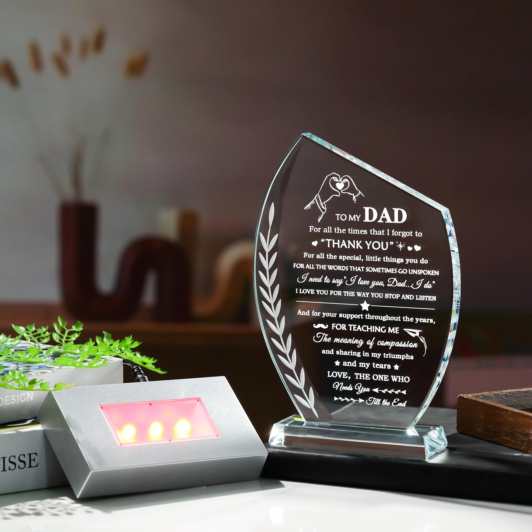 Movdyka - Targa in vetro per la festa del papà, regalo di compleanno per papà da figlia e figlio, unica con base a LED colorata, regalo significativo per Natale, Ringraziamento, San Valentino