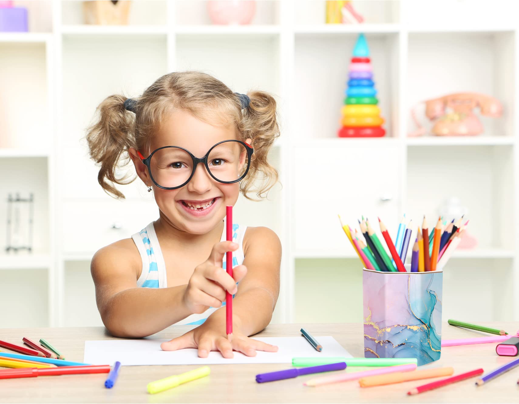 Soporte de cerámica para bolígrafos de mármol, bonito soporte de papelería para oficina, escuela secundaria, soporte para brochas de maquillaje para niñas y mujeres, color verde colorido