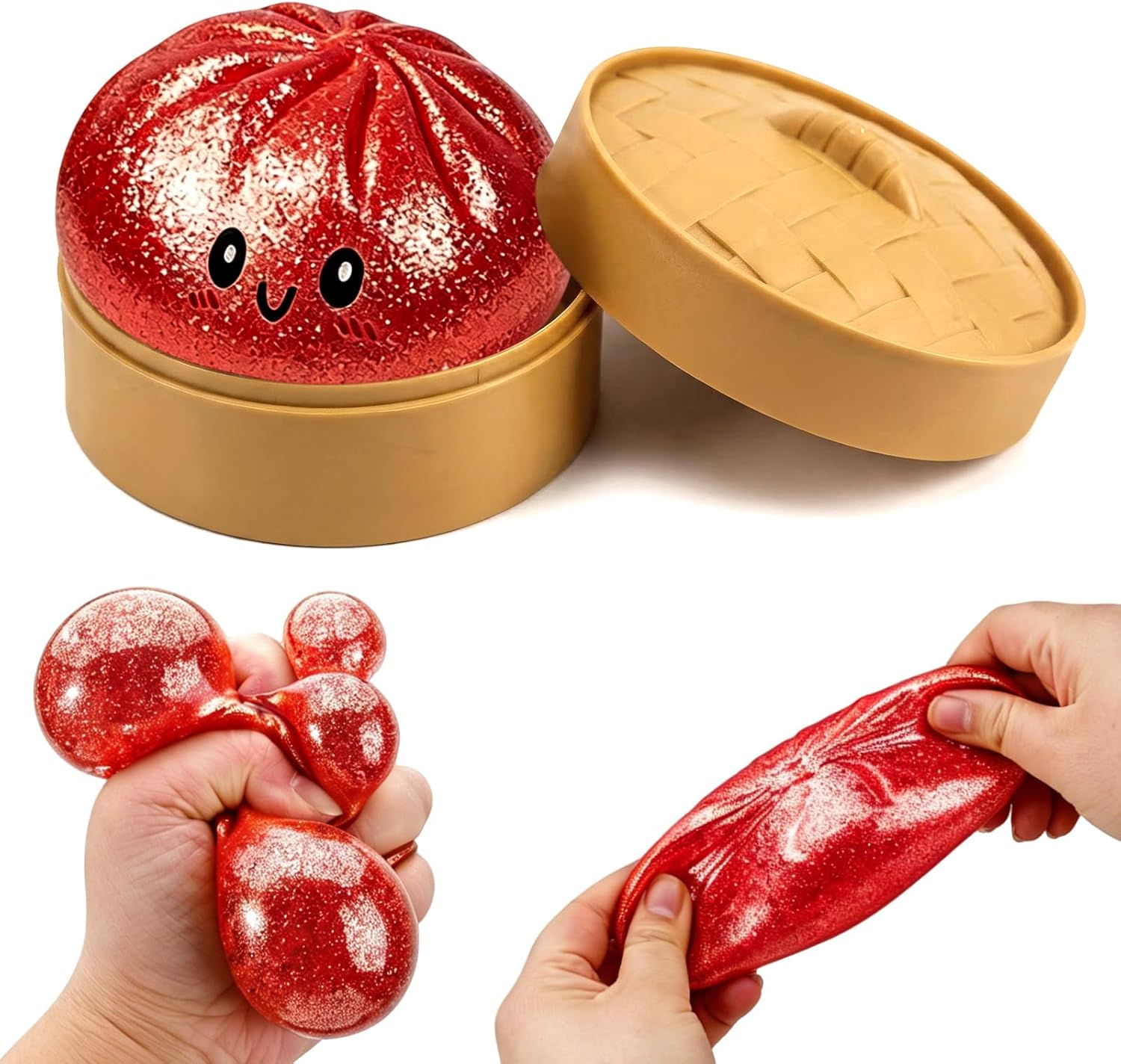 Dumpling Squishy Mystery Box, Glitter Dumpling, Dumplings Style Stress Balls for Adults and Kids, Cute Steamer Basket Design with Squeezable Bun Stress Relief Fidget Toys (4 PCS)