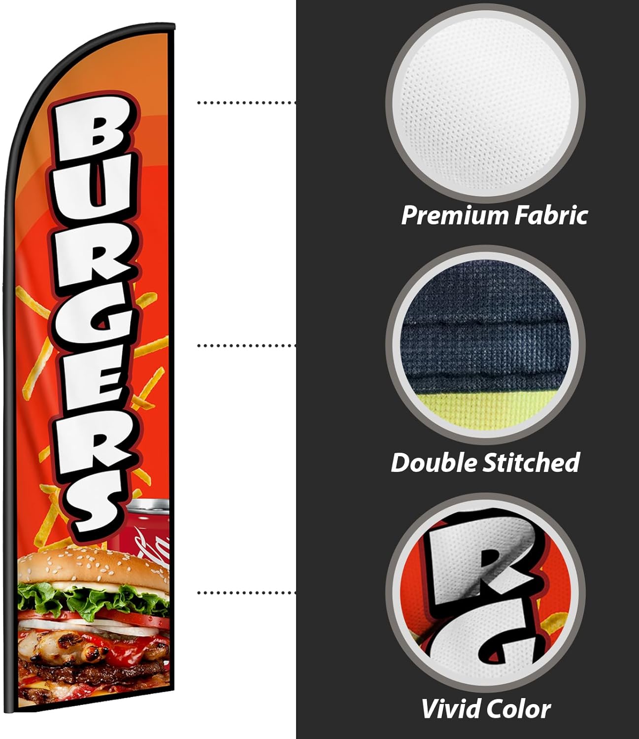 Burgers Feather Flag Banner - 11.5x2.5 Ft Advertising Swooper Flag for Outdoor Business and Events Promotion - Burgers Signs Windless Full Sleeve Banner for Restaurants, Diners, Markets (Only Flag) - Image 4