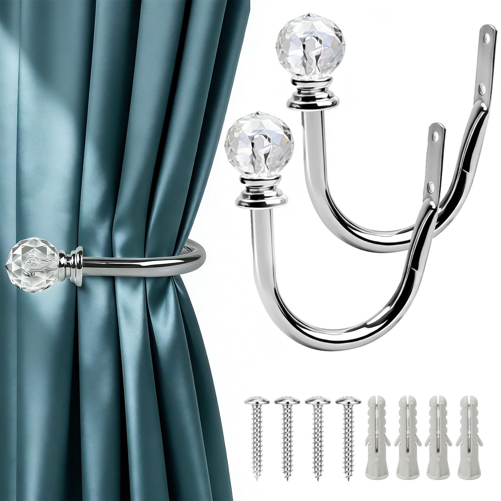 Silver Curtain Holdbacks 2 Pack U Shaped Metal Curtain Tie Backs Hooks with Clear Crystal Ball Tie Backs for Curtains Decorative Drapery Holdbacks for Home Office Hotel Drapes Decor