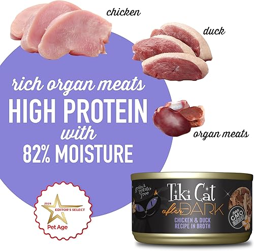 Miniatura 4 de Tiki Cat After Dark, pollo y pato, alto contenido en proteínas y 100% ingredientes no transgénicos, alimento húmedo para gatos adultos, latas de 2.8