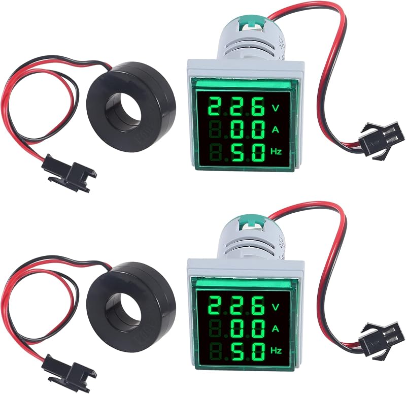 2PCS 3 en 1 Voltímetro digital Amperímetro Indicador de frecuencia AC 60-500V 0-100A 20-75Hz 22mm Cabeza cuadrada Multifunción LED Amperímetro Detector de voltaje con CT (Verde)