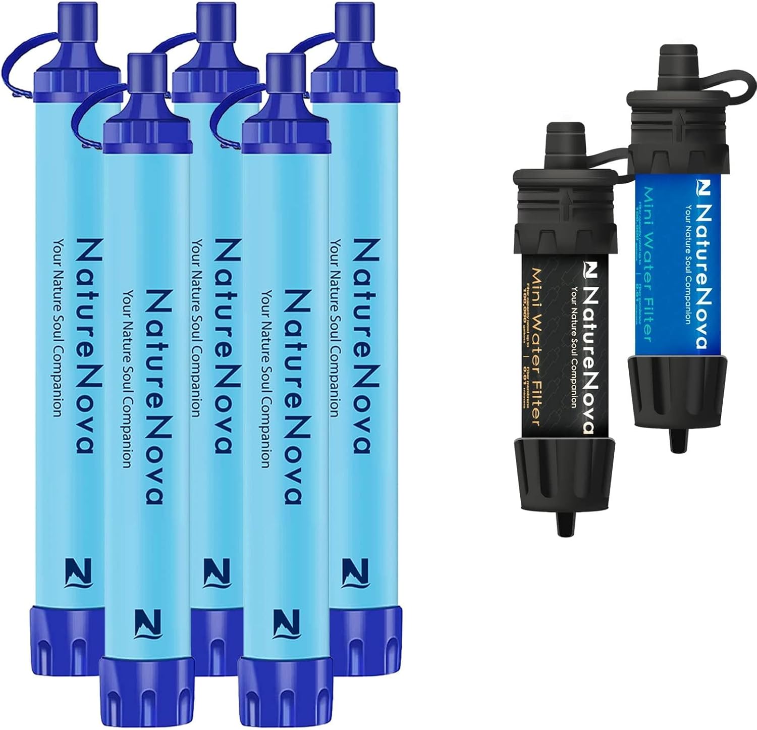 Personal Water Filter Straw Outdoor Portable Filtration (5pack) with Mini Water Filter Portable Emergency Water Filtration（Black/Blue, 2pack)