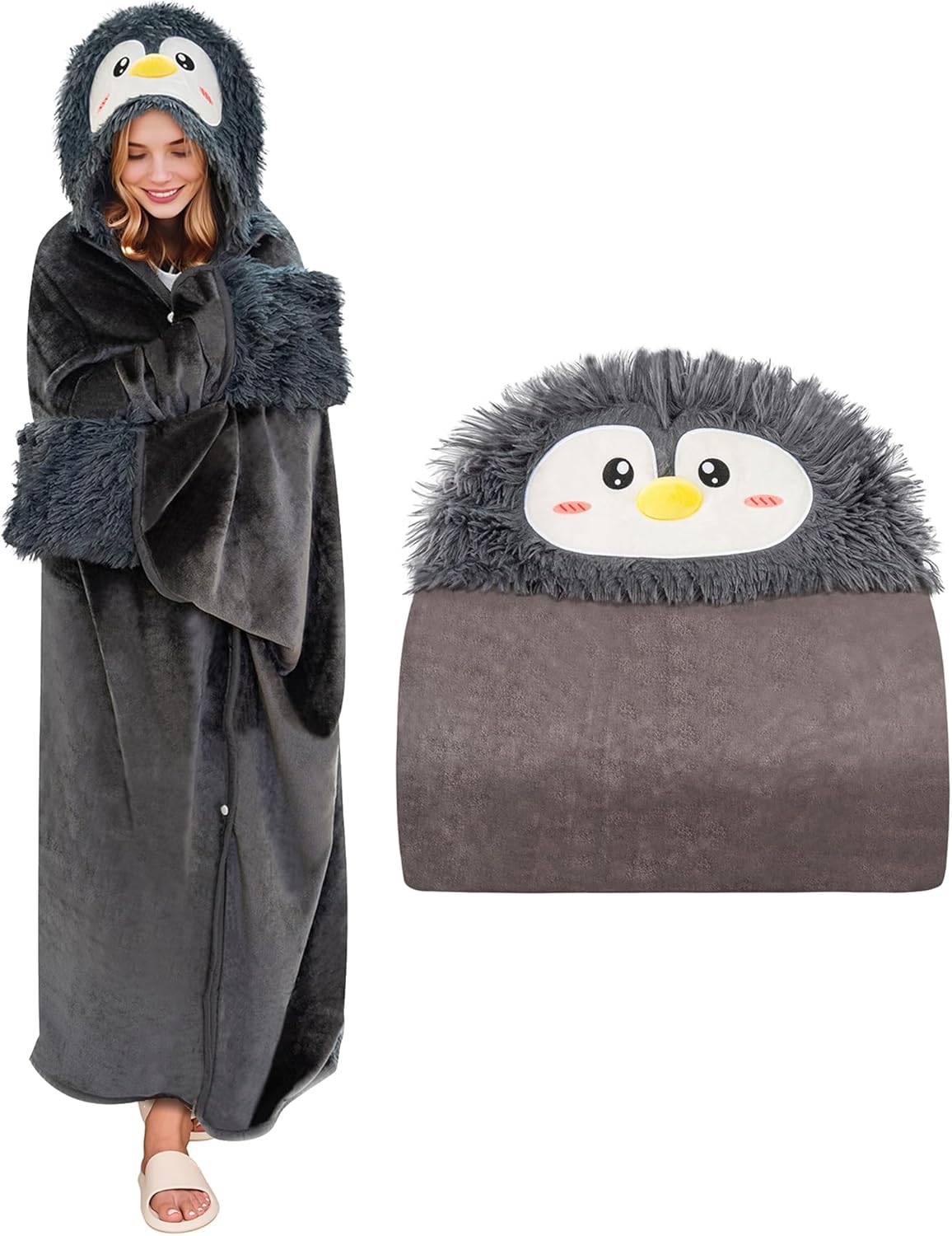 Wearable Hooded Blanket for Adults Soft Warm Cozy Plush Flannel Throw & Sherpa Hoodie Cloak Wrap Gifts for Adults