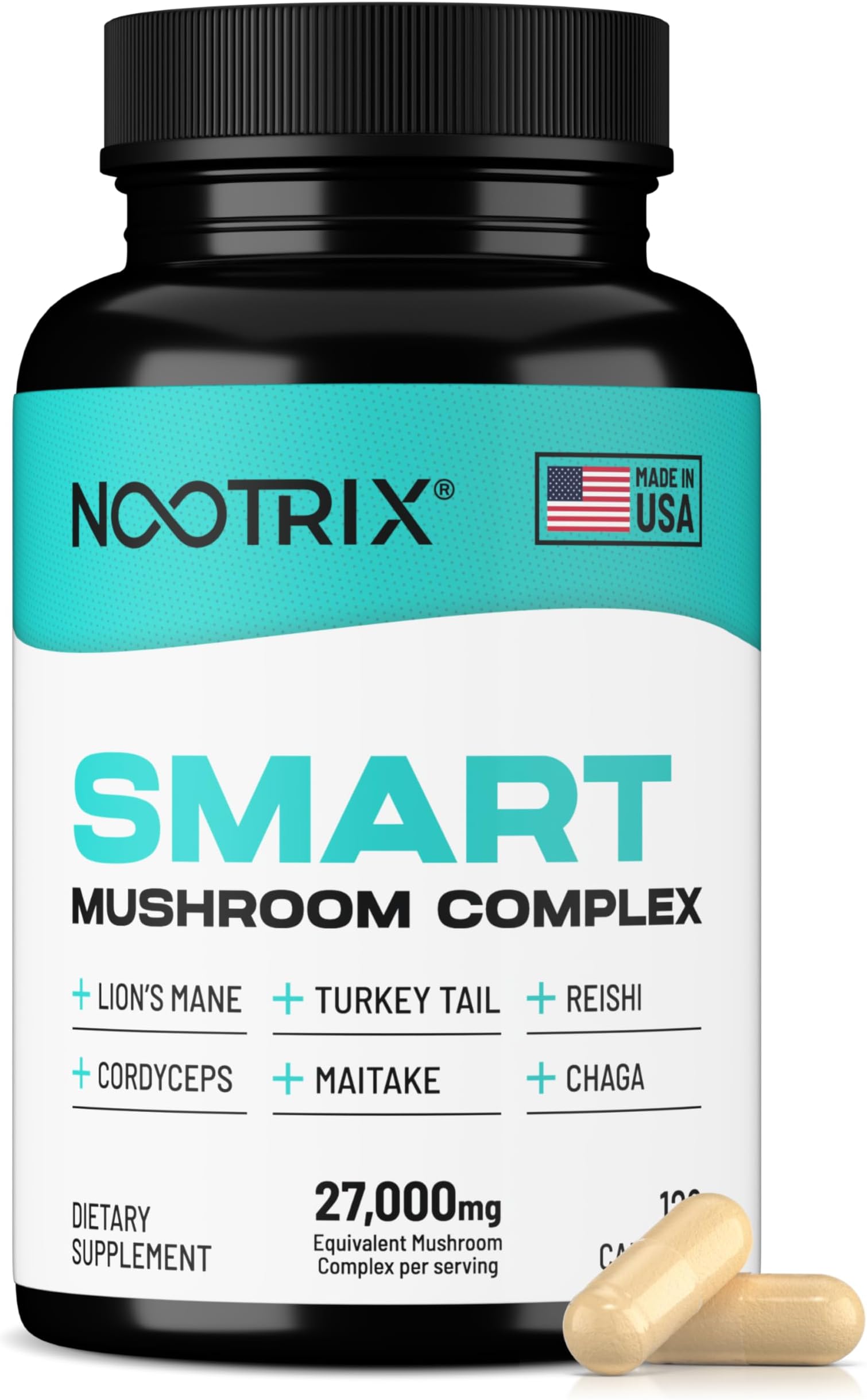 Smart Mushrooms Complex Supplement | 60 Day Supply | Supports Memory, Mental Focus, Cognitive Health & Energy | 27,000mg Organic Mushrooms | Lions Mane, Reishi, Cordyceps, Chaga & Turkey Tail