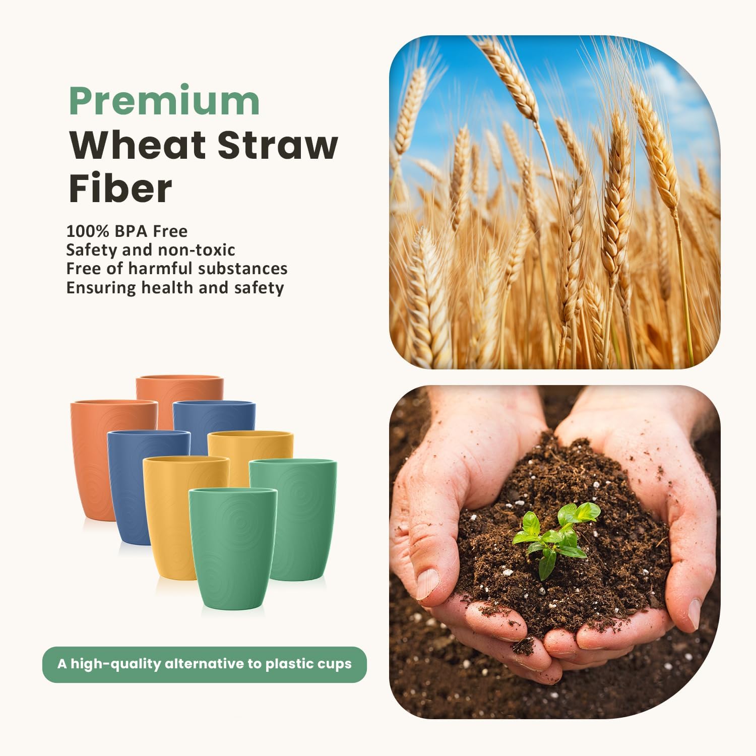 Homienly Wheat Straw Cups, Premium Alternative to Plastic Cup Set of 8, Unbreakable Lightweight Drinking Cups for Kitchen, Outdoor, RV, Microwave and Dishwasher Safe Drinking Glasses(12 OZ, Multi) - Image 2
