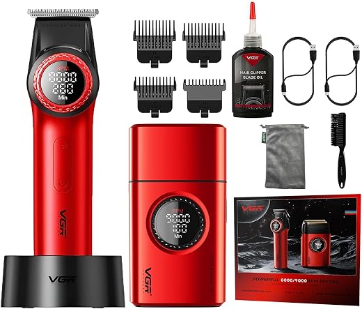 VGR V-977 & V-377 Professional Barber Series Trimmer & Shaver Combo | 9000 RPM Motor, 21-Speed Control, 300-Minute Runtim...