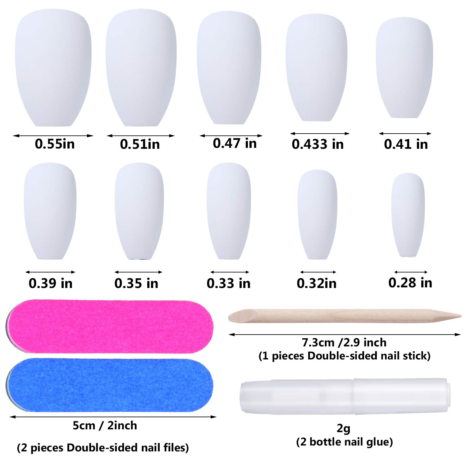 48 Pcs False Nails Short Coffin Press on Nails Full Cover Square False Nails Artificial Nail Tips Art with 4 Pieces Nail Glue Nail Files and Wooden Stick for Women and Girls(White)