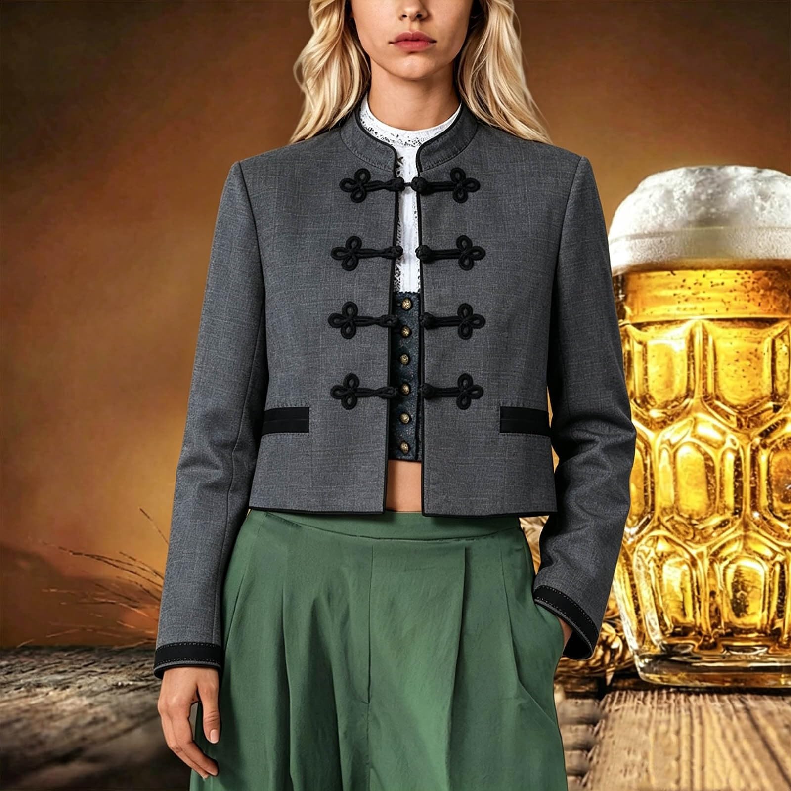 Trachtenjanker Damen Kurze Trachtenjacke mit Stehkragen Elegante taillierter Trachtenblazer Vintage Langarm Dirndl Jacke Traditioneller Oktoberfest Cardigan Klassischer Trachten Janker