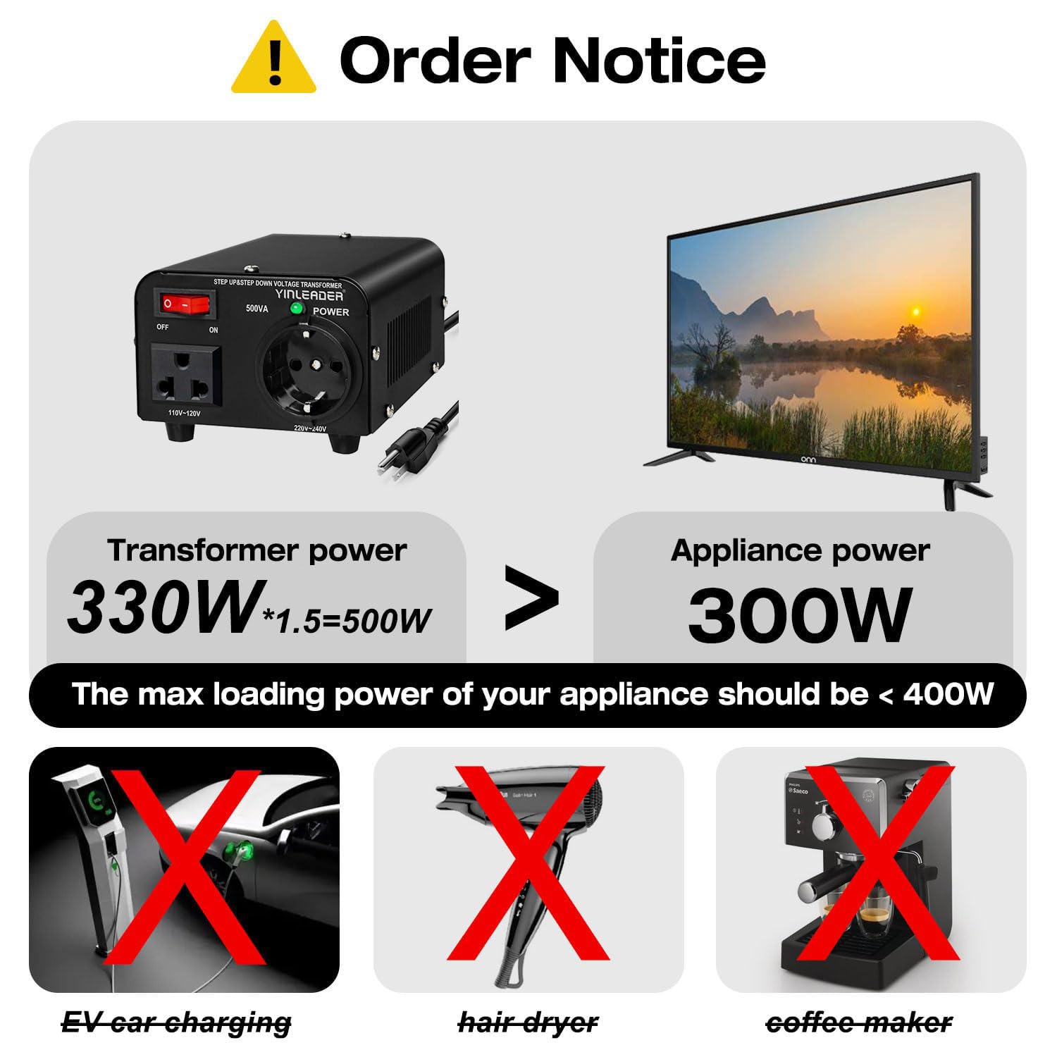 Yinleader 110v to 220v European Voltage Converter Transformer 500W Step Up Converter 110/120 Volt to 220/230/240 Volt or Step Down 220 to 110,[110V US Power Cord Included Only, No 220V Cord]