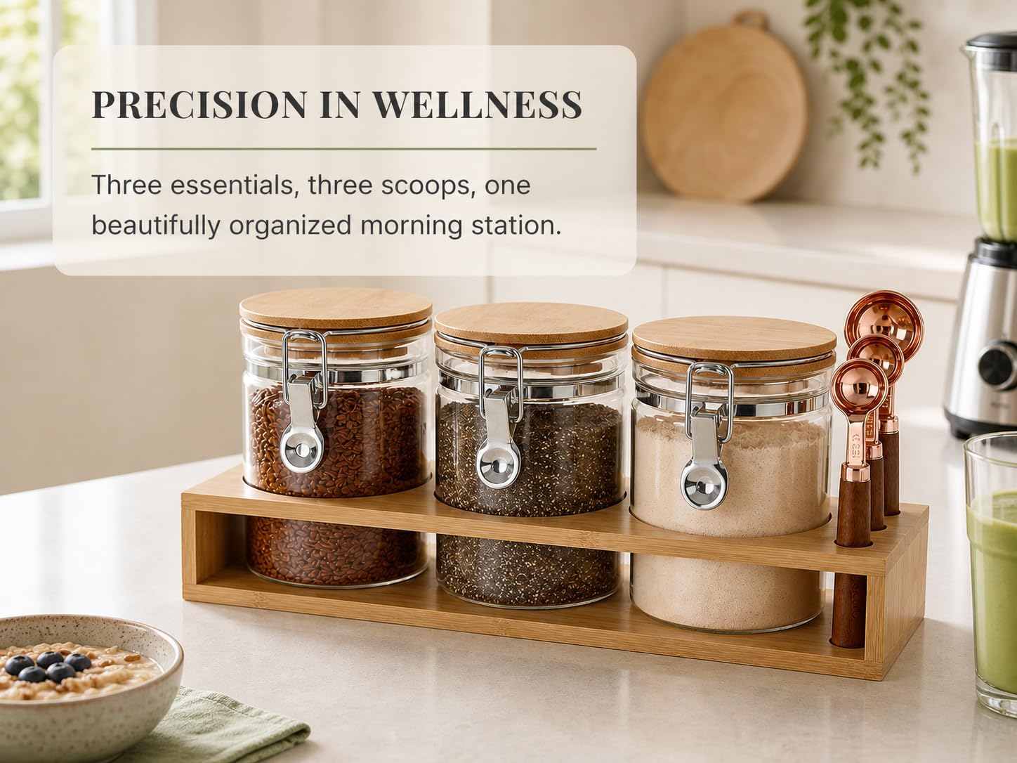 KKC HOME ACCENTS Glass Canisters Set with Bamboo Rack & Spoons, 27oz 3 Pack image 2