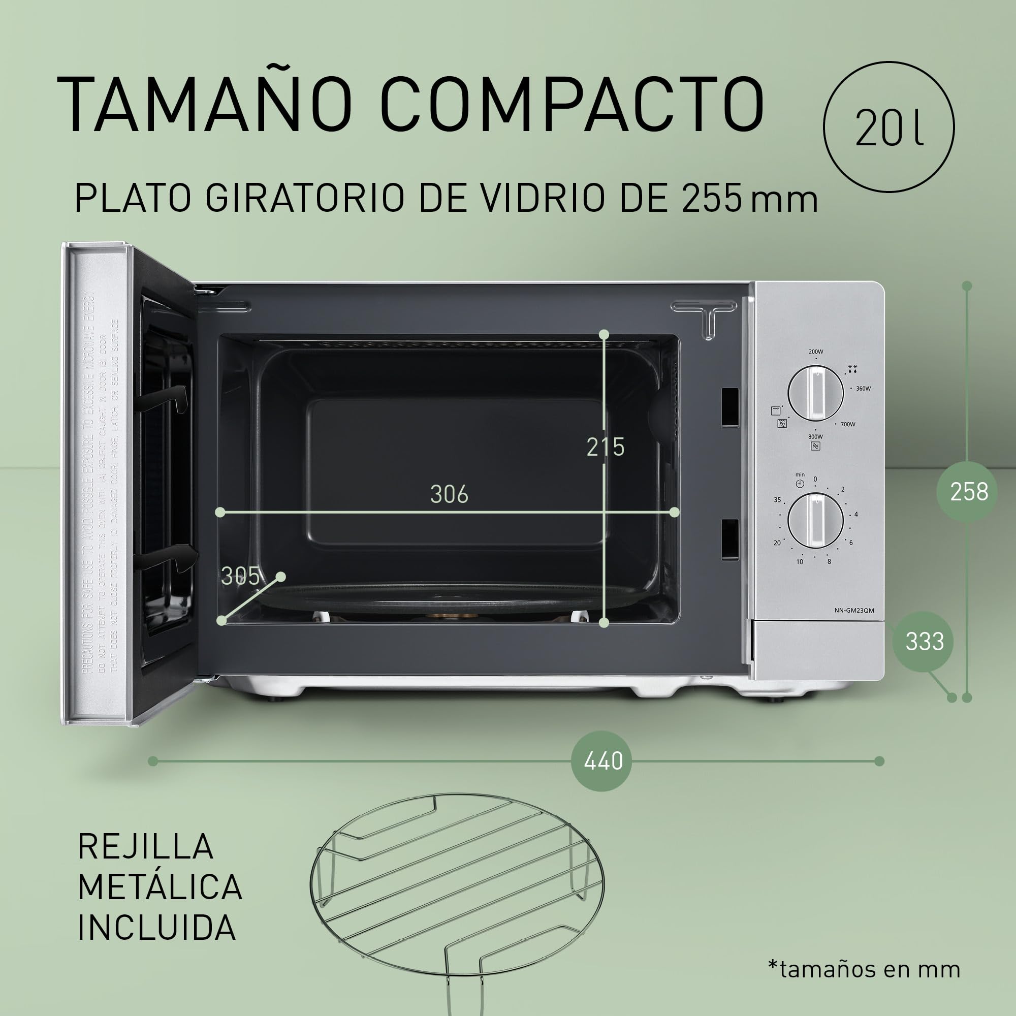 Panasonic NN-GM23QMEPG Horno Microondas Grill de 20 L con Bandeja De Vidrio y Rejilla, 800 W, Grill de 1000 W, Ajuste De Descongelación, Botón Giratorio, Quick 30, Temporizador, Plata