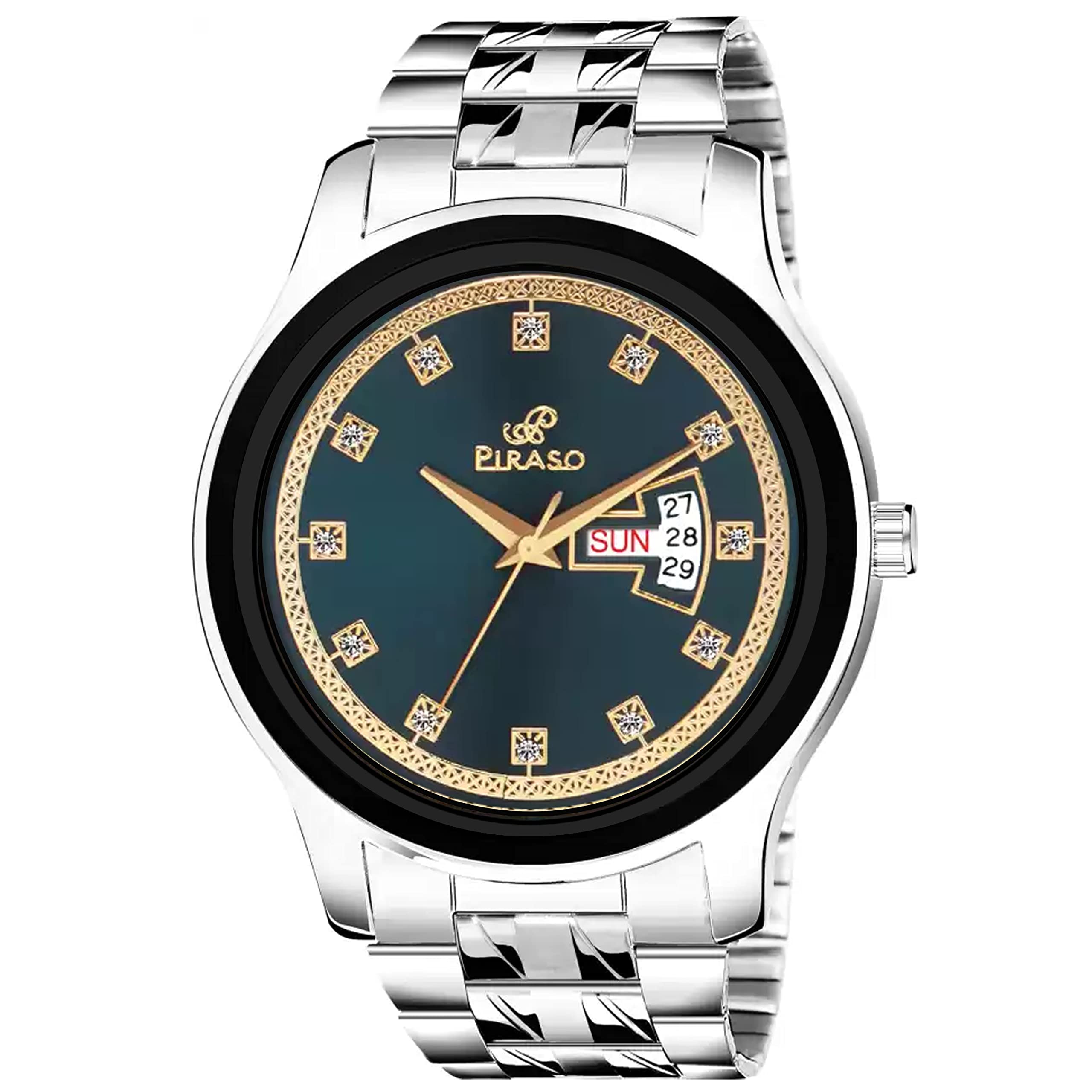 PIRASO Analog Day and Date Working Display Black Turquoise Dial and Silver Chain Watch for Men & Boys (B0BD8F3HRX) Amazon Price History, Amazon Price Tracker