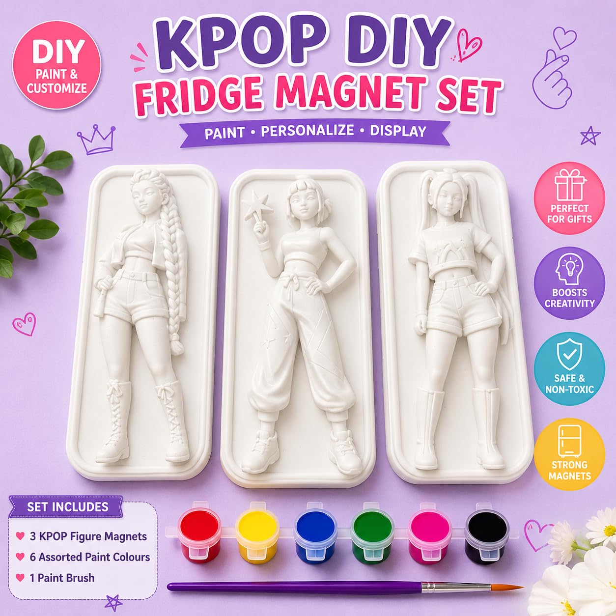 Kpop DIY Painting Kit for Kids | Set of 3 Kpop Girls |Colours Included (Kpop Demon Hunter Fridge Magnets)-image-40