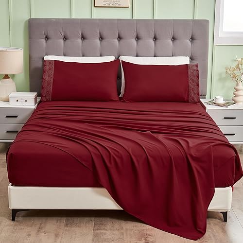 KACEMOO Juego de sábanas de microfibra de bolsillo profundo de 17 pulgadas, color rojo, tamaño matrimonial, súper suave, juego de sábanas de 3