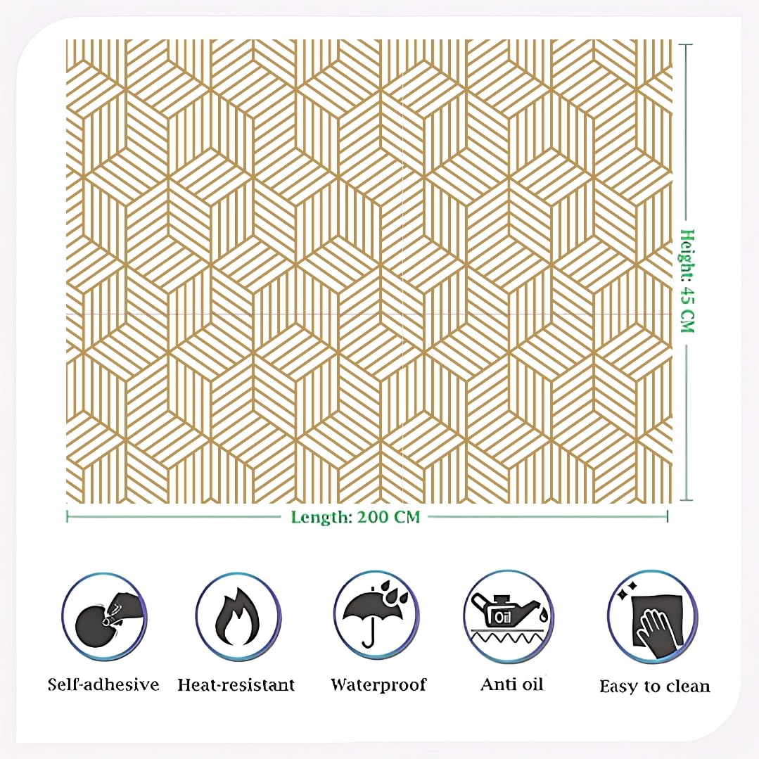 Indian Royals Gold and White Geometry Stripped Hexagon Wallpaper for Walls, Wallpaper, Wall Paper for Wall Decor, Wall Paper, Wall Stickers for Kitchen (200 CM *45 CM)