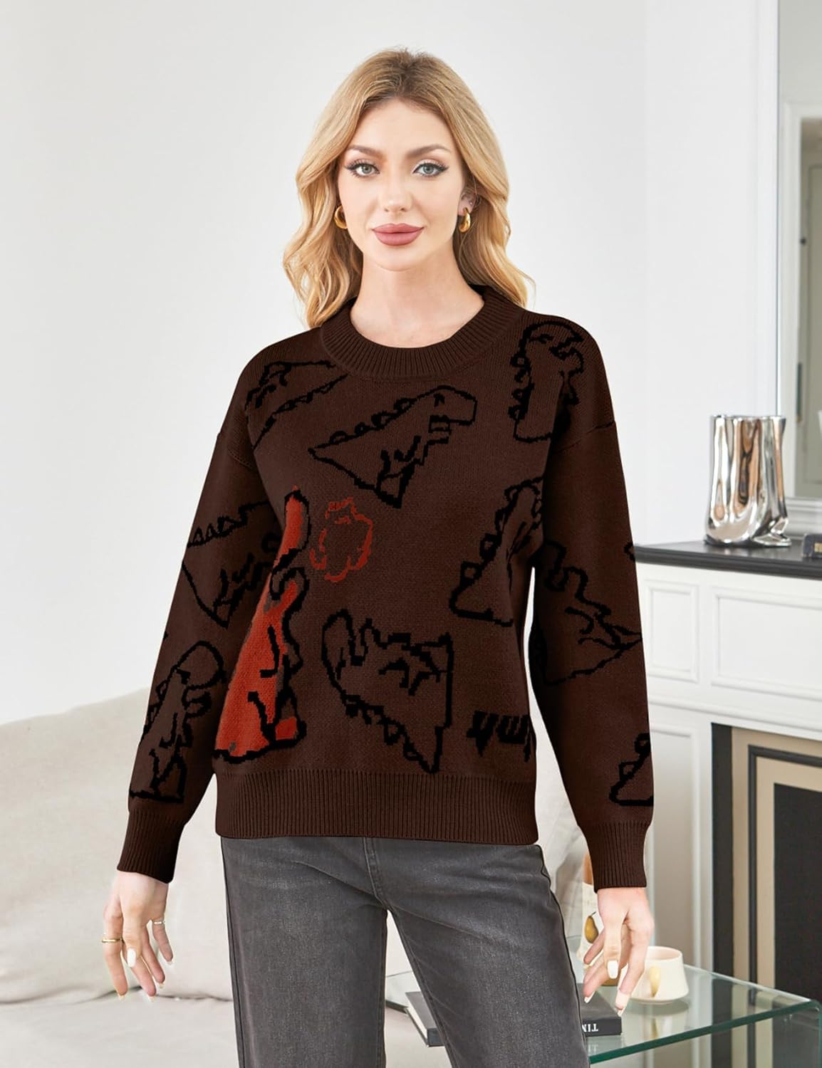 Gihuo Women Dinosaur Oversized Sweater Graphic Crewneck Knitted Pullover Casual Loose Fit Jumper Tops - Image 3