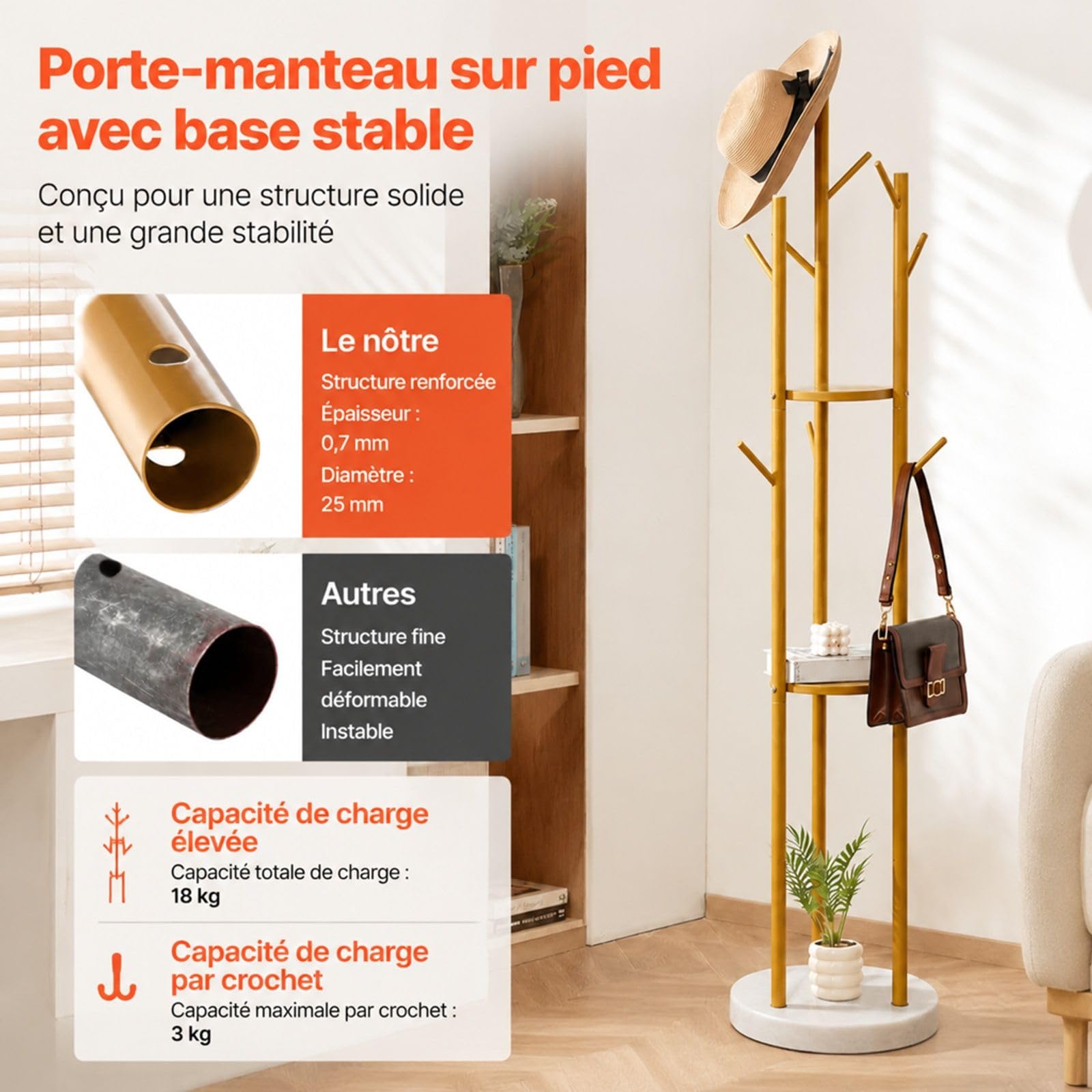 Portemanteau sur pied en métal avec base en quartz, 9 crochets pour entrée, chambre et bureau