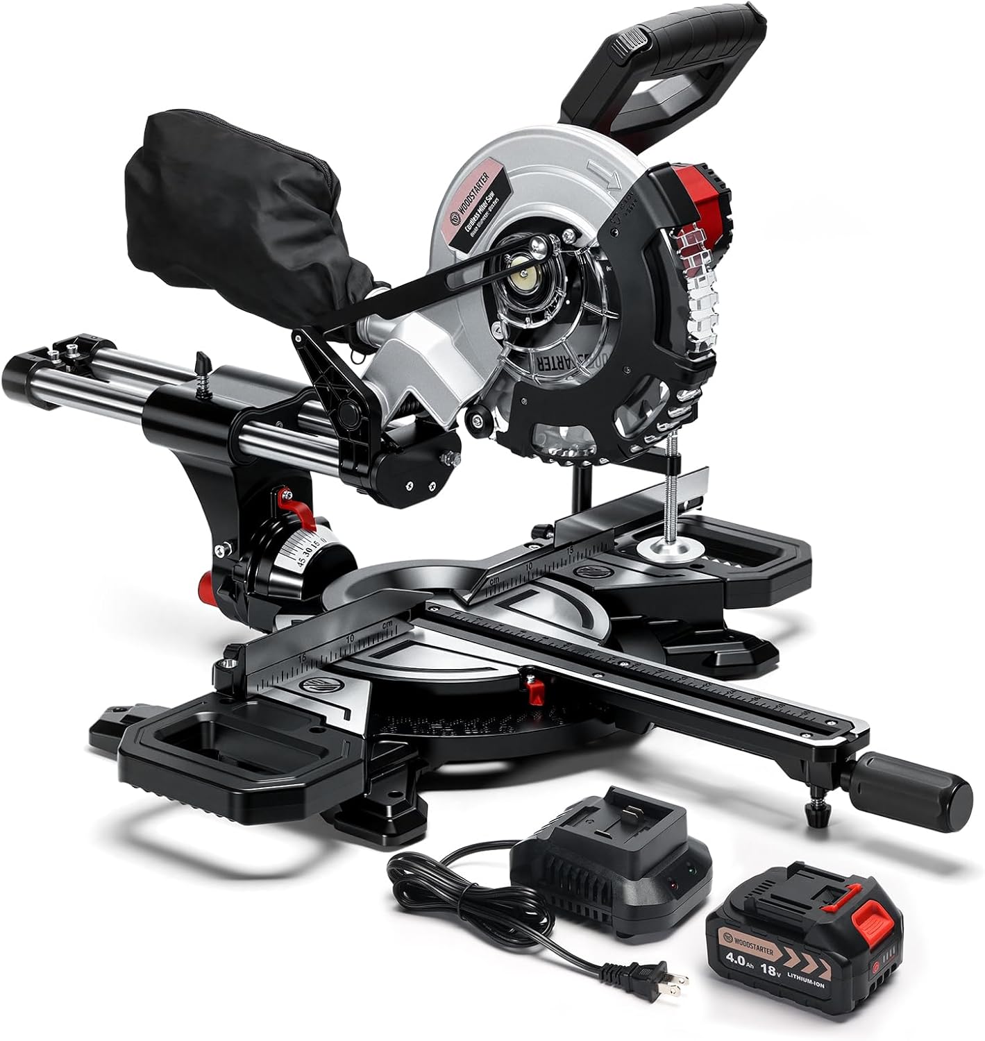 Cordless Miter Saw with Battery, 8 Inch 40-Tooth Blade, 18.5V Lithium-Ion 4000mAh, Dual Clamps, LED Light, Sliding Rail