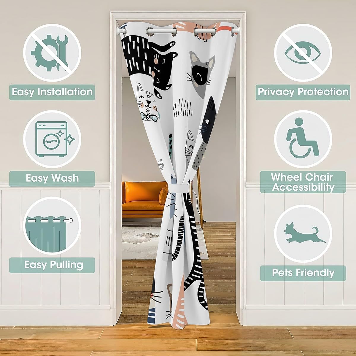 Cute Cat 34"W X 80"L Door Drape,Cartoon Kitten Blackout Curtain For Adult Teens,Modern Abstract Art Style Door Curtain For Doorway Privacy,Kawaii Pet Cat Animal Room Divider Curtain Temporary Door