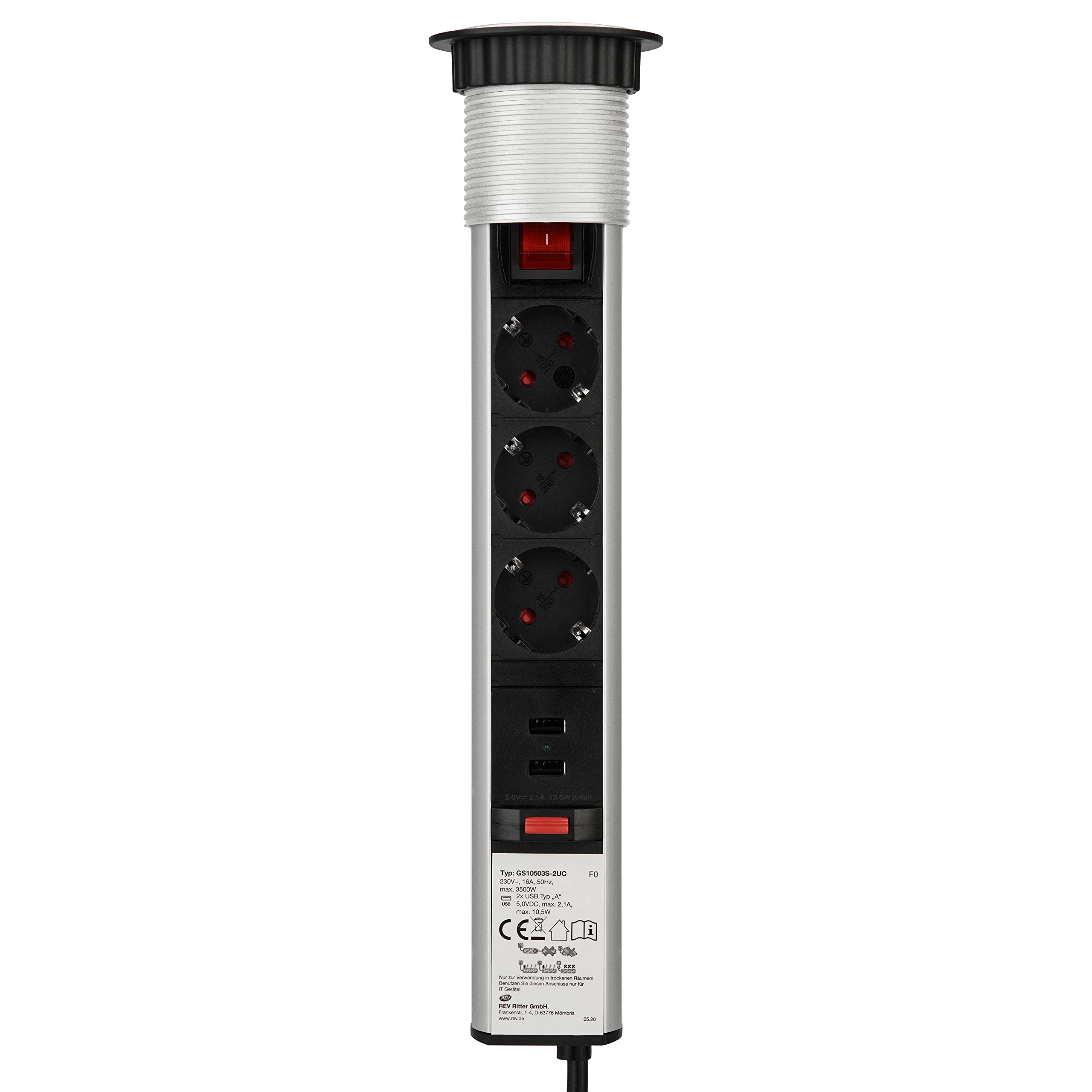 REV 0012398712 Mehrfachsteckdose, Steckdosensäule 3fach + USB, versenkb. 1,5m, 3500W, schwarz