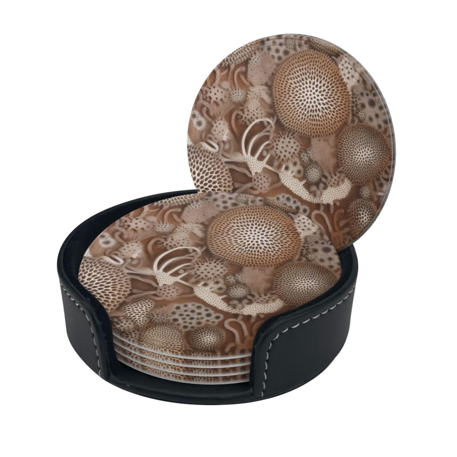 Stylish Coasters - Petoskey Stone Set of 6 Round Leather Drink Coasters with Holder - Perfect Size for Cups and Glasses