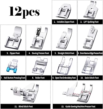 Mudder 12 Pcs Sewing Machine Presser Foot Set Multifunctional Sewing Foot Presser for Gathering Zipper Insertion Joining Embroidery Stitching