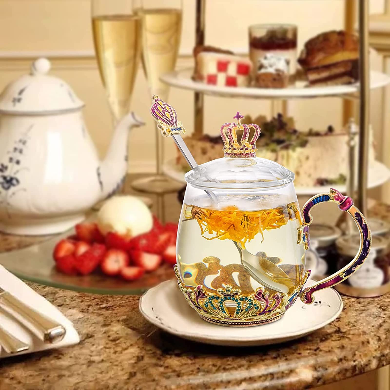 Handgefertigte Emaille-Kaffeebecher mit Deckel, Handarbeit Vintage Fancy Teetasse mit Krone kristallklar Kaffeebecher, für Geburtstag Valentinstag Weihnachten Emaille Glasbecher