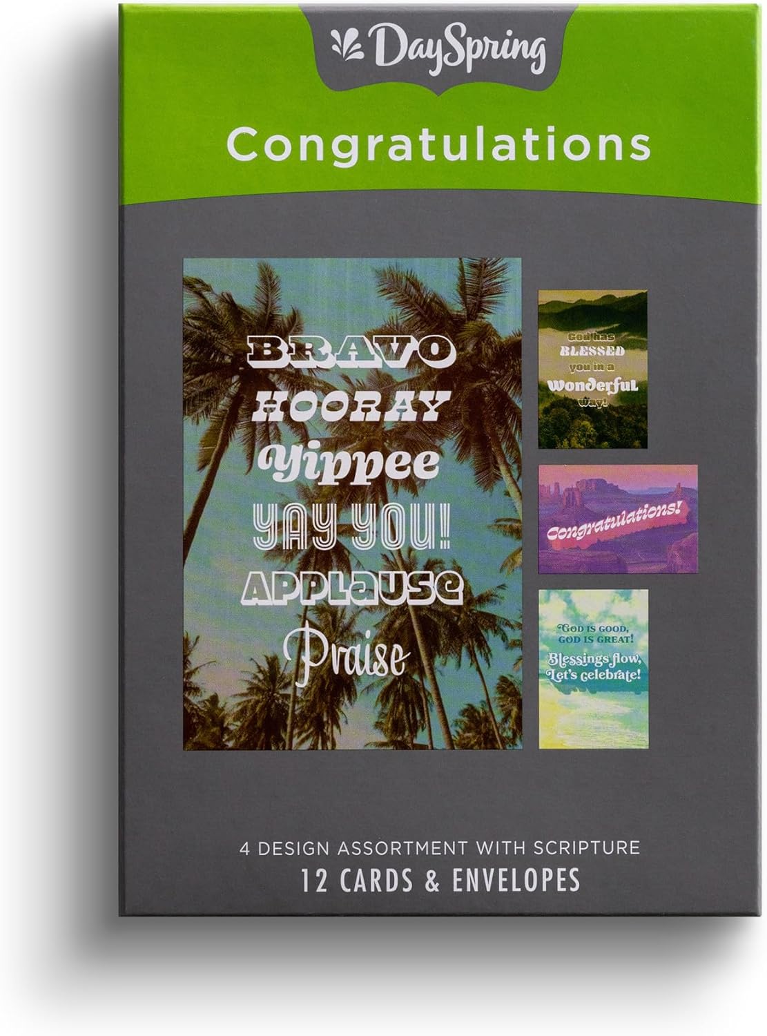 DaySpring - Bravo Hooray, Yippee Yay You! Applause, Praise – Congratulations – 4 Design Assortment with Scripture – 12 Boxed Congratulations Cards & Envelopes (J9182)