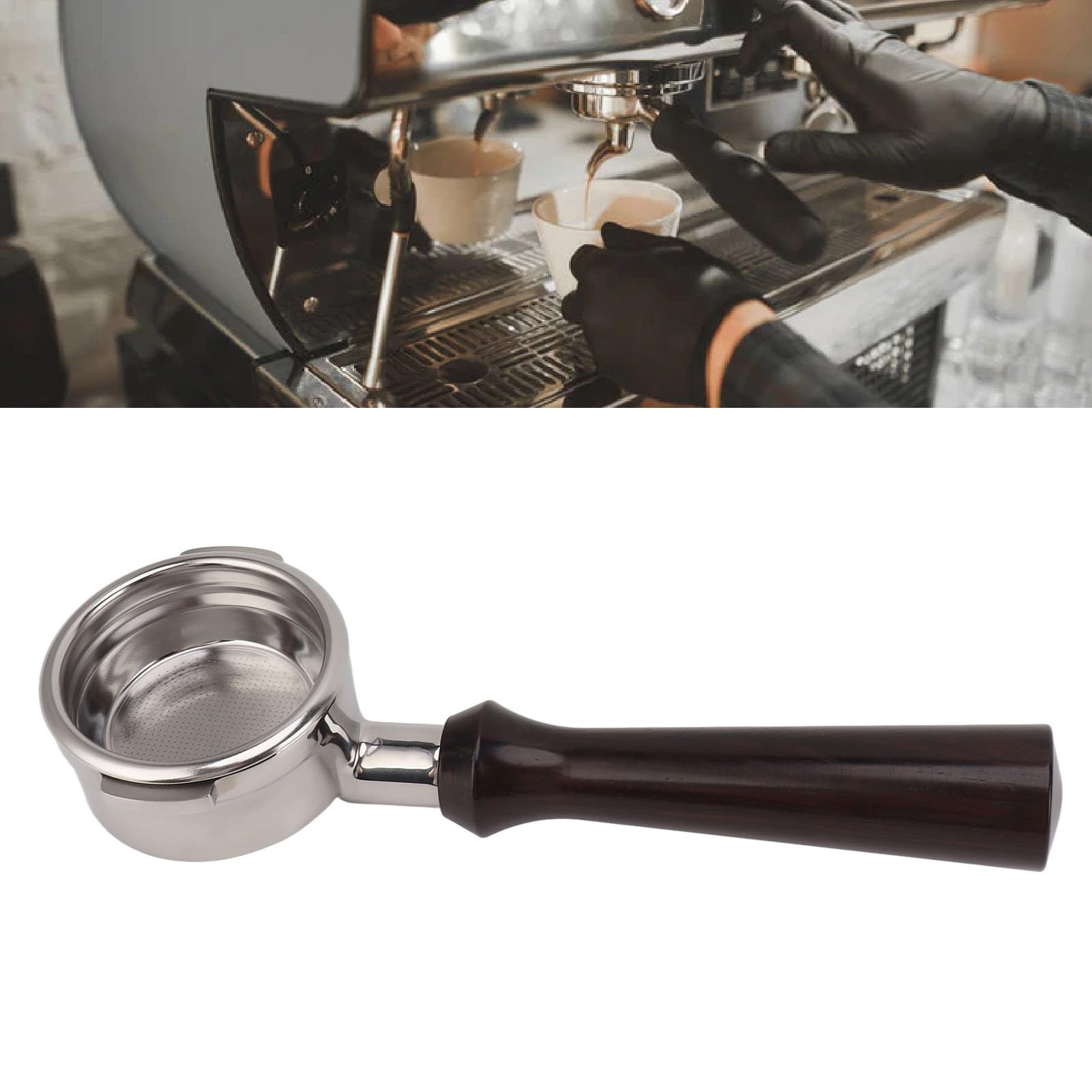 Portafiltro sin fondo de 58 mm Accesorio para máquina de café de acero inoxidable con mango de madera Herramienta de espresso profesional para cafeteras espresso comerciale (F sándalo)