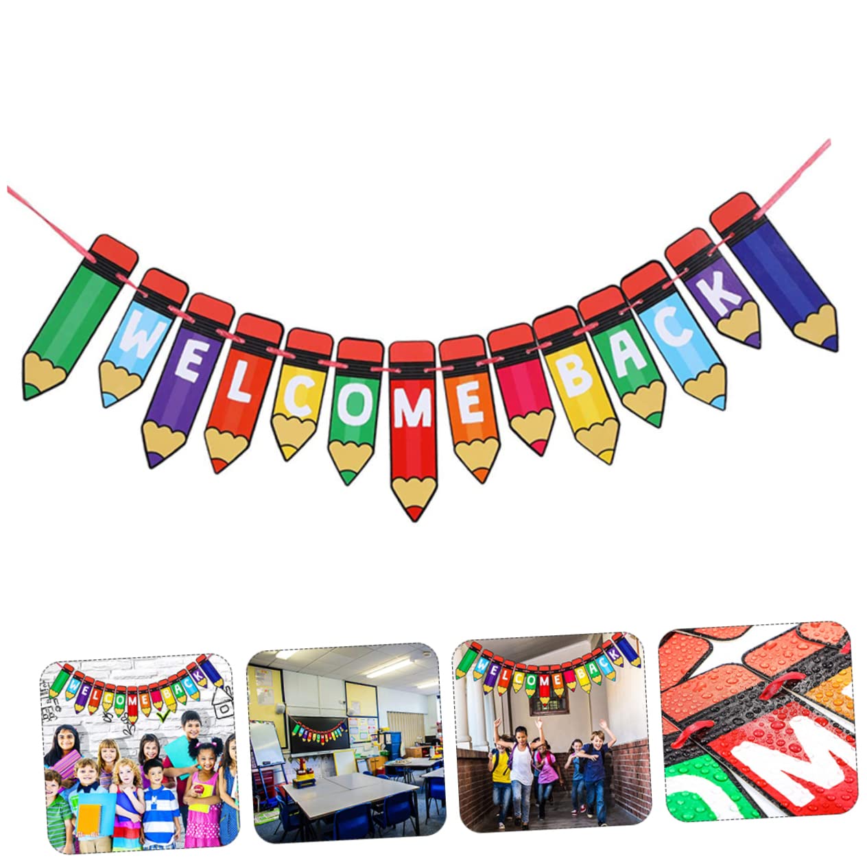 Amosfun 8 Pezzi Striscione Jila di ritorno a scuola striscione di benvenuto Bentornato decorazioni ufficio decorazioni albero decorazioni con bandiere scolastiche Accessorio fotografico