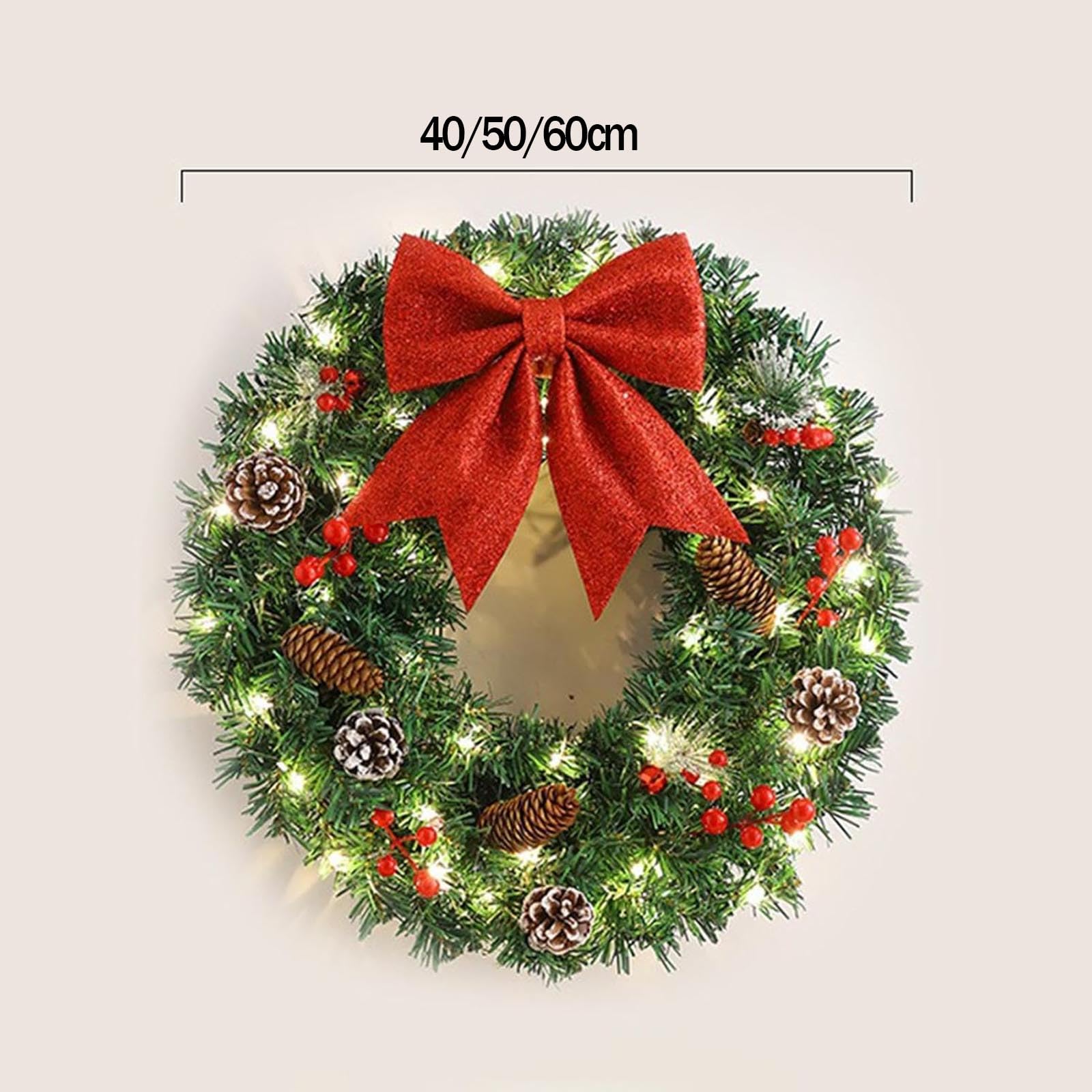 Wieniec bożonarodzeniowy na drzwi wejściowe, 50 cm, ozdobiony szyszkami, klastrami jagód i światłami LED do dekoracji świątecznych