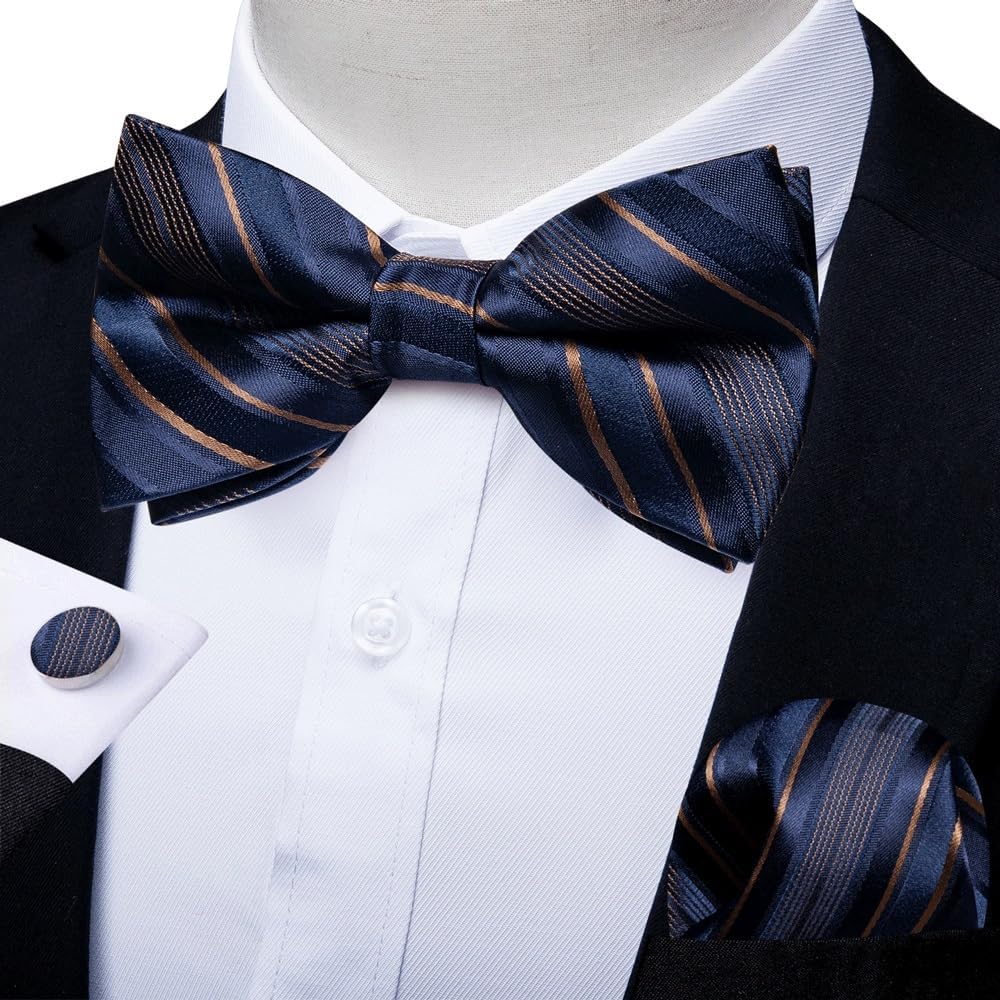 Formal Pre-tied Silk Bow Ties Striped Tie Cufflinks Pocket Square Set Groom Knot Party Wedding
