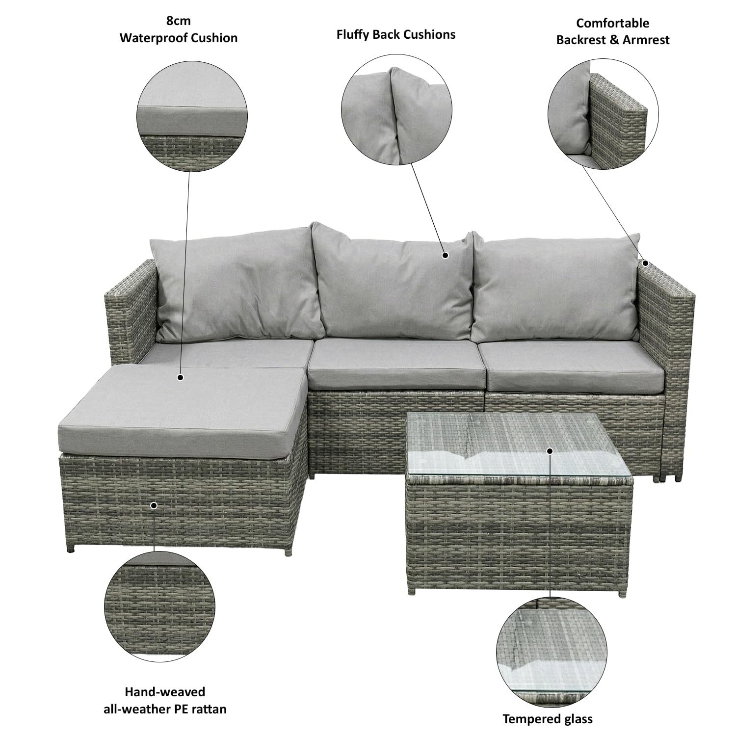 COZYBRITE Garden Corner Sofa Rattan Furniture Set 4 Seater Patio Outdoor Lounge Settee with Glass Coffee Table All-weather SFS066 (Mix Grey Rattan+Grey Cushion) — view 2