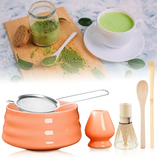 Kit Matcha Orange - Lot de 6 Accessoires en Céramique pour Thé Japonais