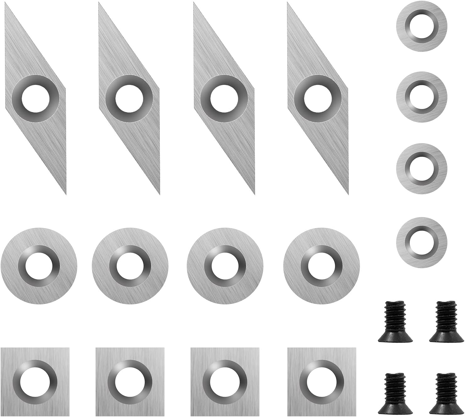 16Pcs Tungsten Carbide Cutters Inserts Set for Wood Lathe Turning Tools (Includes 11mm Square with Radius, 12mm and 8.9mm Round, 30x10mm Diamond with Sharp Point), Supplied with Screws