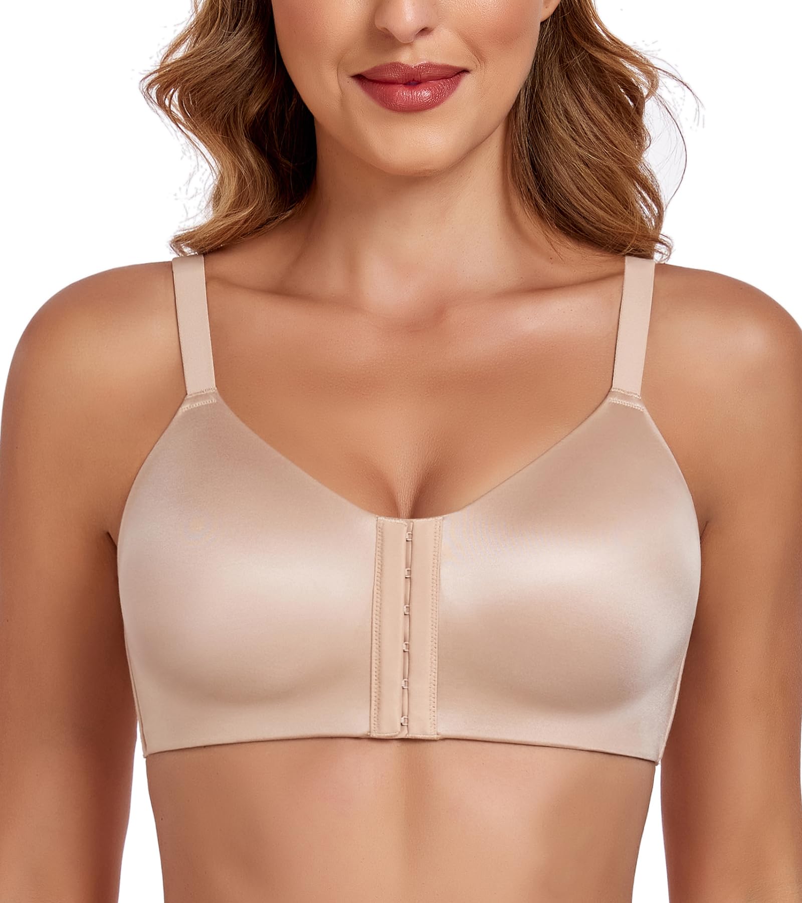 Lemorosy Damen Nahtlos T-Shirt BH Ohne Bügel Multiway Racerback Vorne Verschluss Große Größen Starker Halt Vollschalen Bequem Klassisch Bralette für Alltag