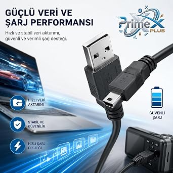 PrimeX PX-5P05 0.5 Metre 5 Pin USB Kablo, 50cm Mini Usb Kablo, USB AM/Mini 5pin Kablo