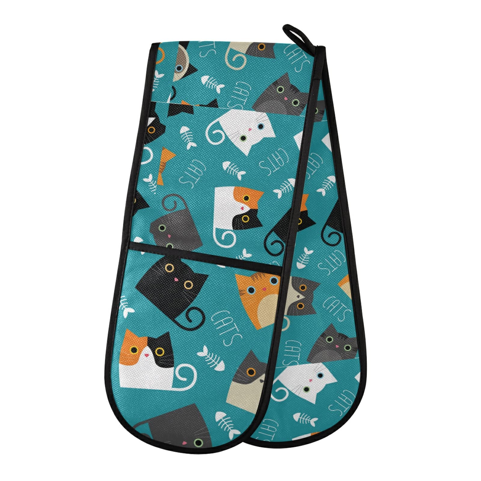 Poeticcity Multi 16 A Set Cats And Fishes Bone Silhouettes Double Oven Mitt Gloves Extra Long Potholder High Heat Resistant For Baking Cooking Baking Grilling Handling Hots Pans 35"X7"