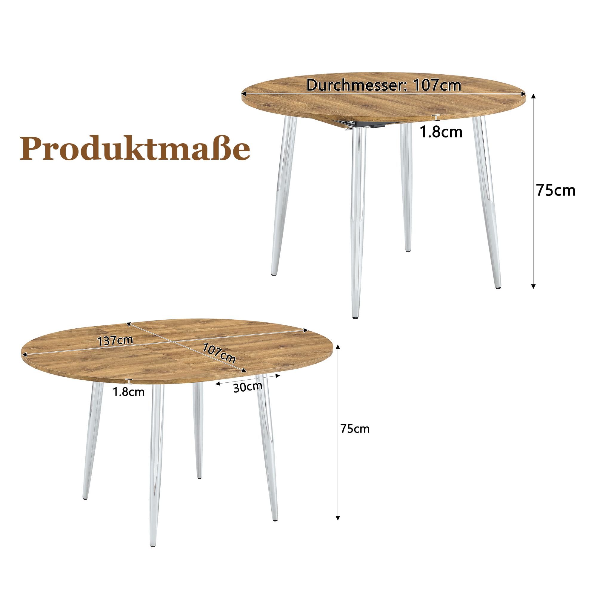 Tavolo da pranzo allungabile rotondo, 107-137 cm, estensibile in ovale, moderno