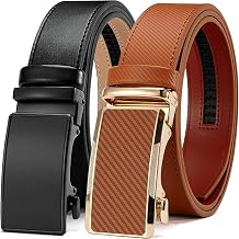 Men's Ratchet Leather Belt Set - 2 Pack Sliding Belt Adjustable For Gift Mens Dress Casual 1 3/8",Cut for Fit