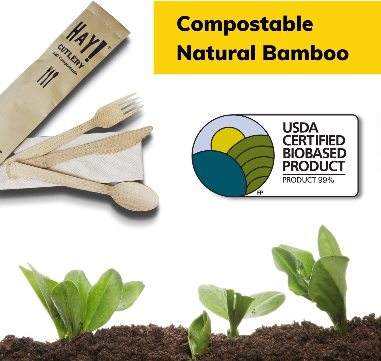 HAY! Bamboo Knives | 250 ct Unwrapped Knives | Biodegradable Utensils | Compostable & Plastic-Free | Heavy-duty Knife | For To-Go Meals or Events | Wooden Knife