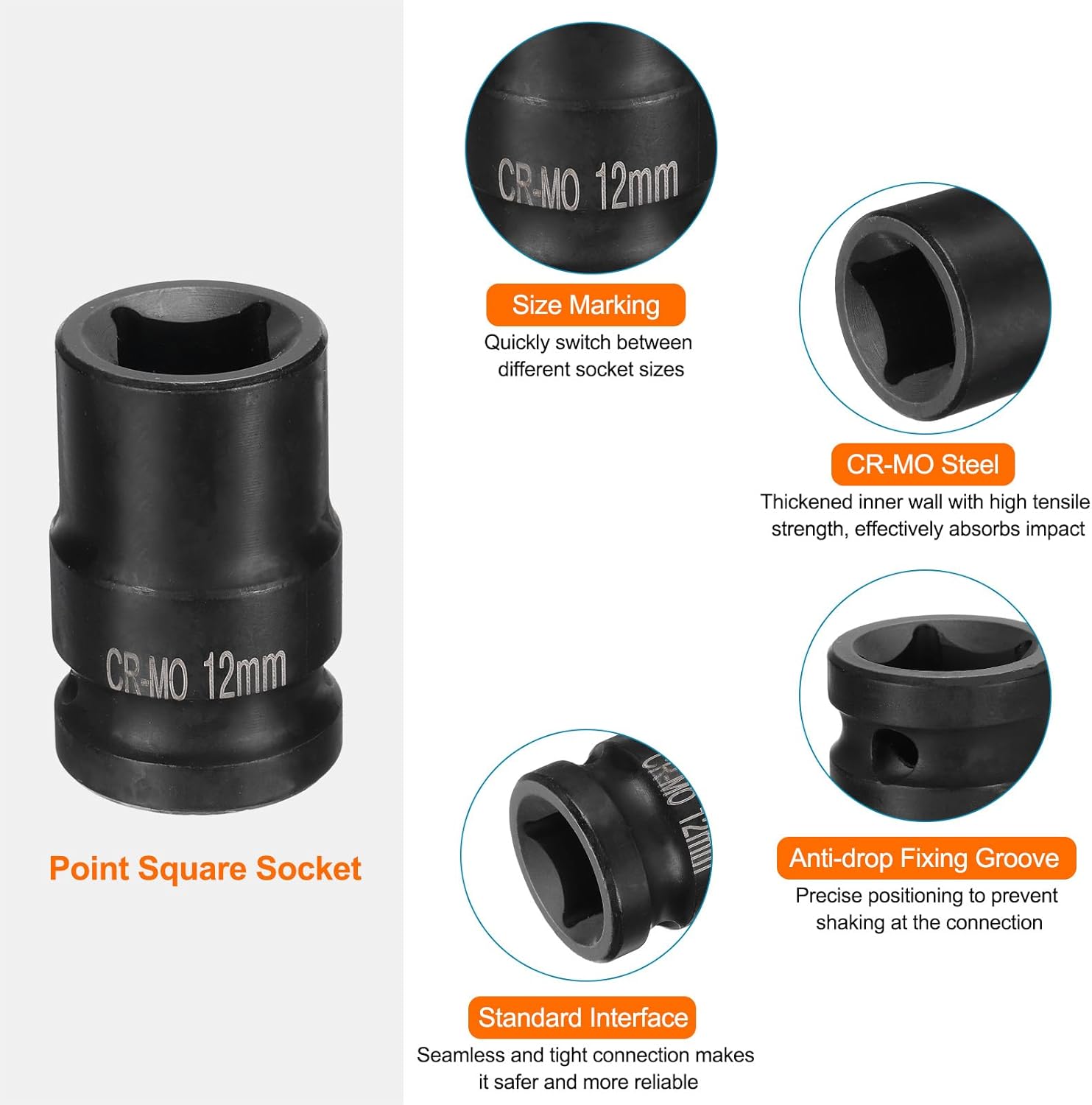 HARFINGTON 4 Point Square Socket 1/2" Drive 12mm Metric Square Impact Socket CR-MO Blackening Standard Wheel Sockets Pneumatic Socket Tool for Auto Repair Mechanical Maintenance Home Use