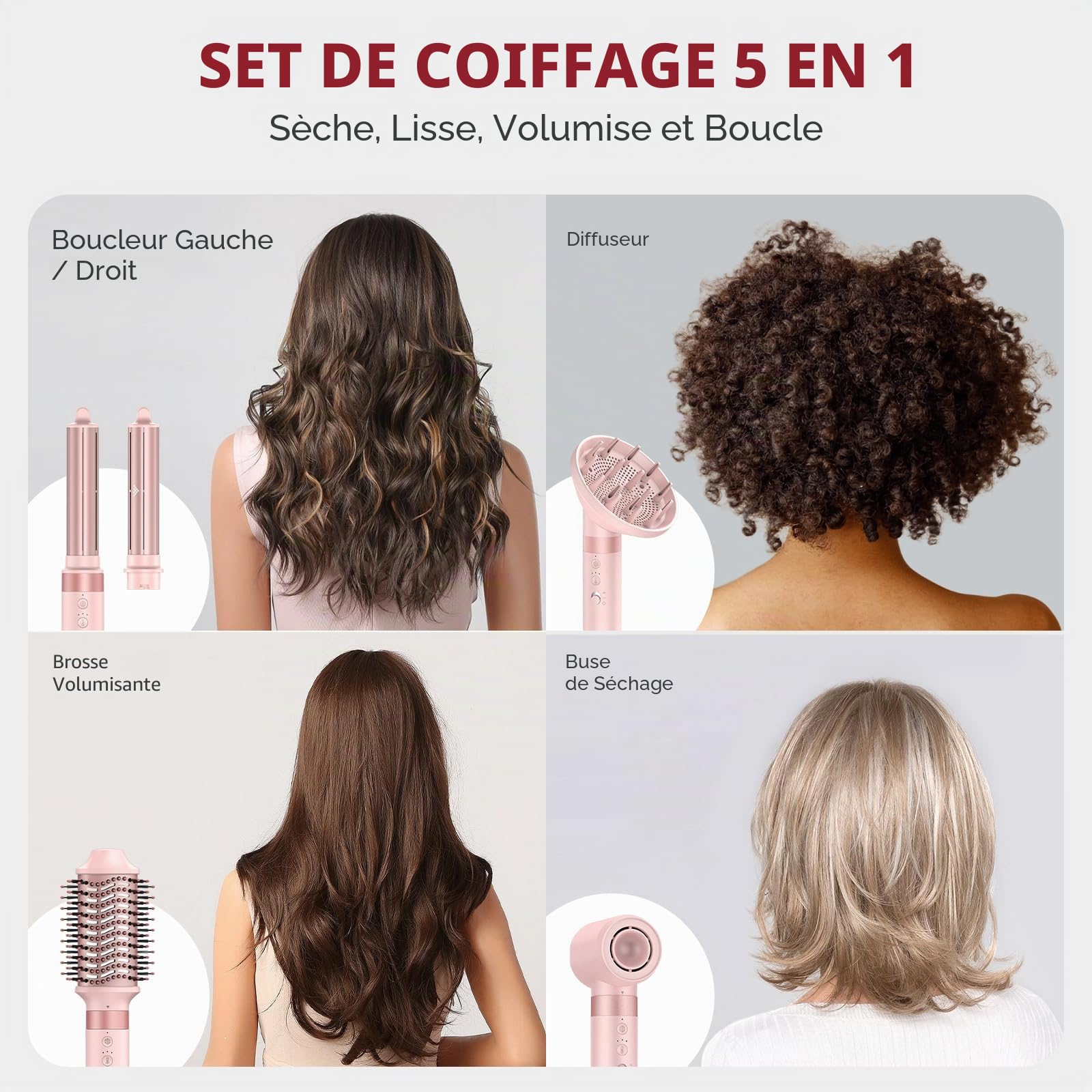 MESCOMB Hair Styler 5 en 1 - Sèche-cheveux avec Diffuseur, 110 000 tr/min Multifonction Séchage Rapide, Sans Dommage Thermique pour Boucles - Idéal pour Offrir en Cadeau