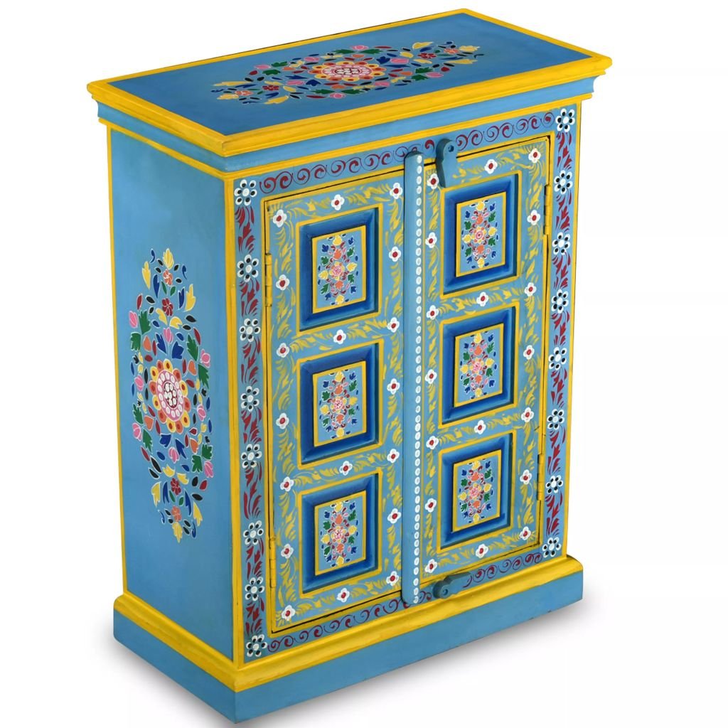 Festnight Mobile Dispensa Credenza in Legno Massello di Mango Turchese Dipinta a Mano con Un Grande Armadietto con 2 Ante 60 x 30 x 78 cm