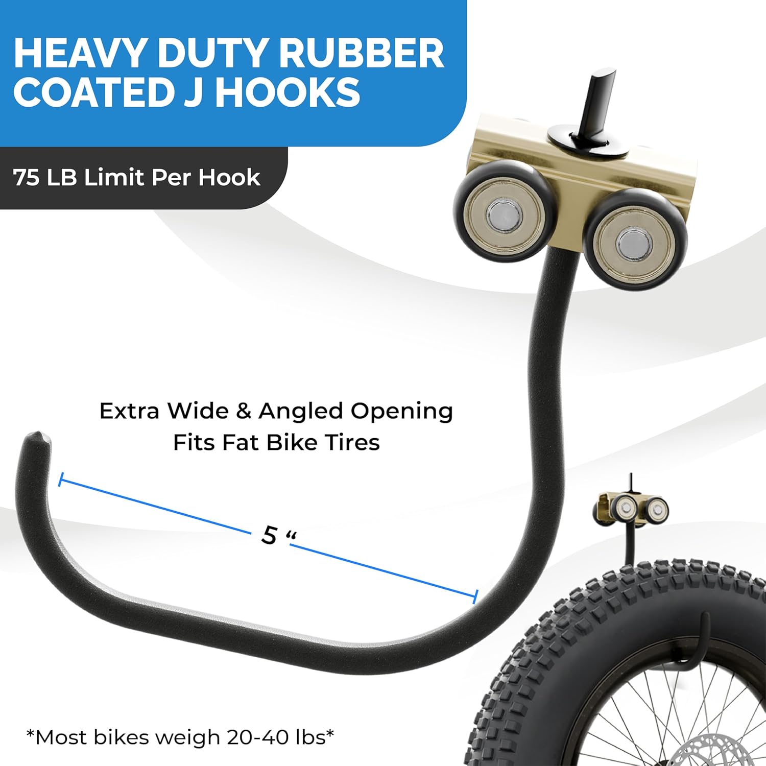 USA Based USA Based Ceiling Bike Hanger 2 Large Hooks for Fat Tire Bike Slide Mount, Sliding Garage Bicycle Storage Heavy Duty Hanging Hook 100lb Limit, Hangers for Storing Bicycles 2-Pack | Black