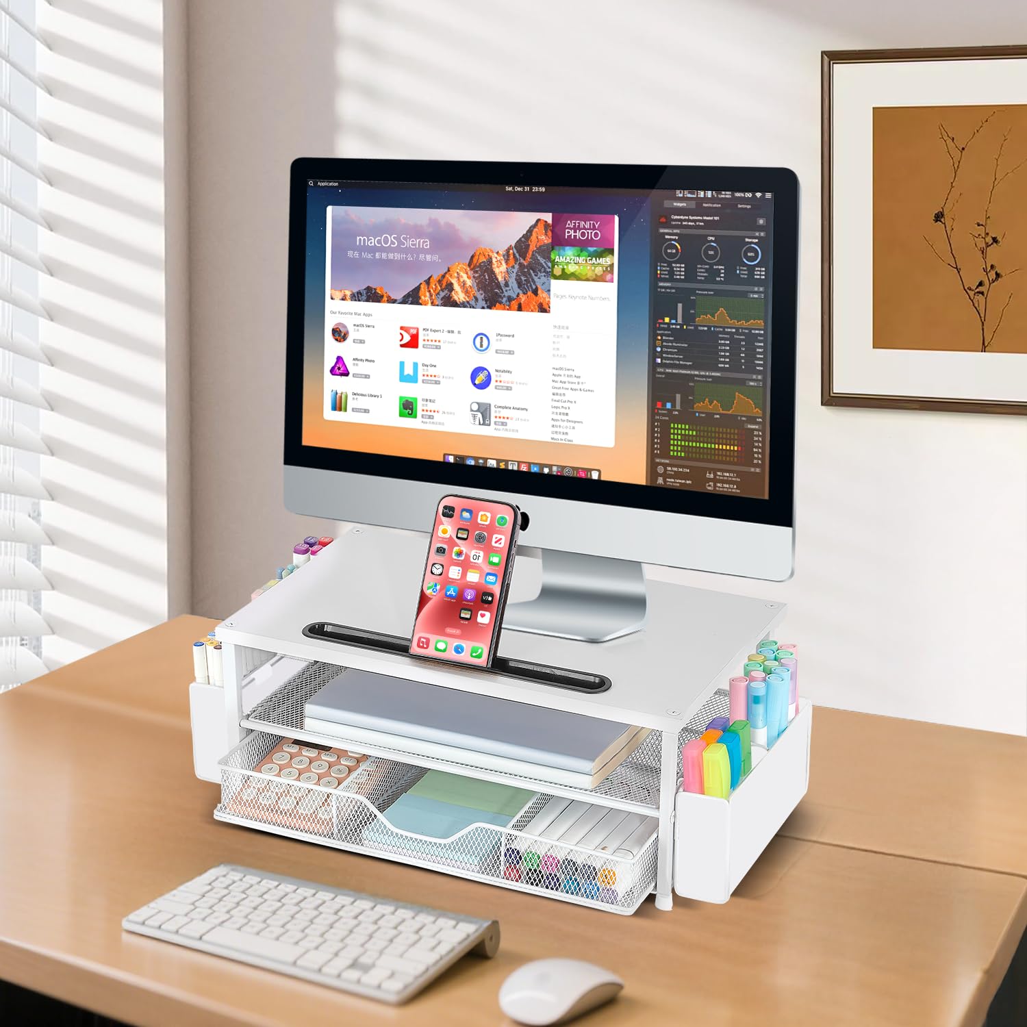 AUPSEN Weißer Monitorständer, 2-stöckig, Holz, Computer-Schreibtisch-Organizer mit Schublade, Stiftaufbewahrung und Handyhalter, Büro-Schreibtisch-Zubehör, Schreibtisch-Organizer für Bürobedarf