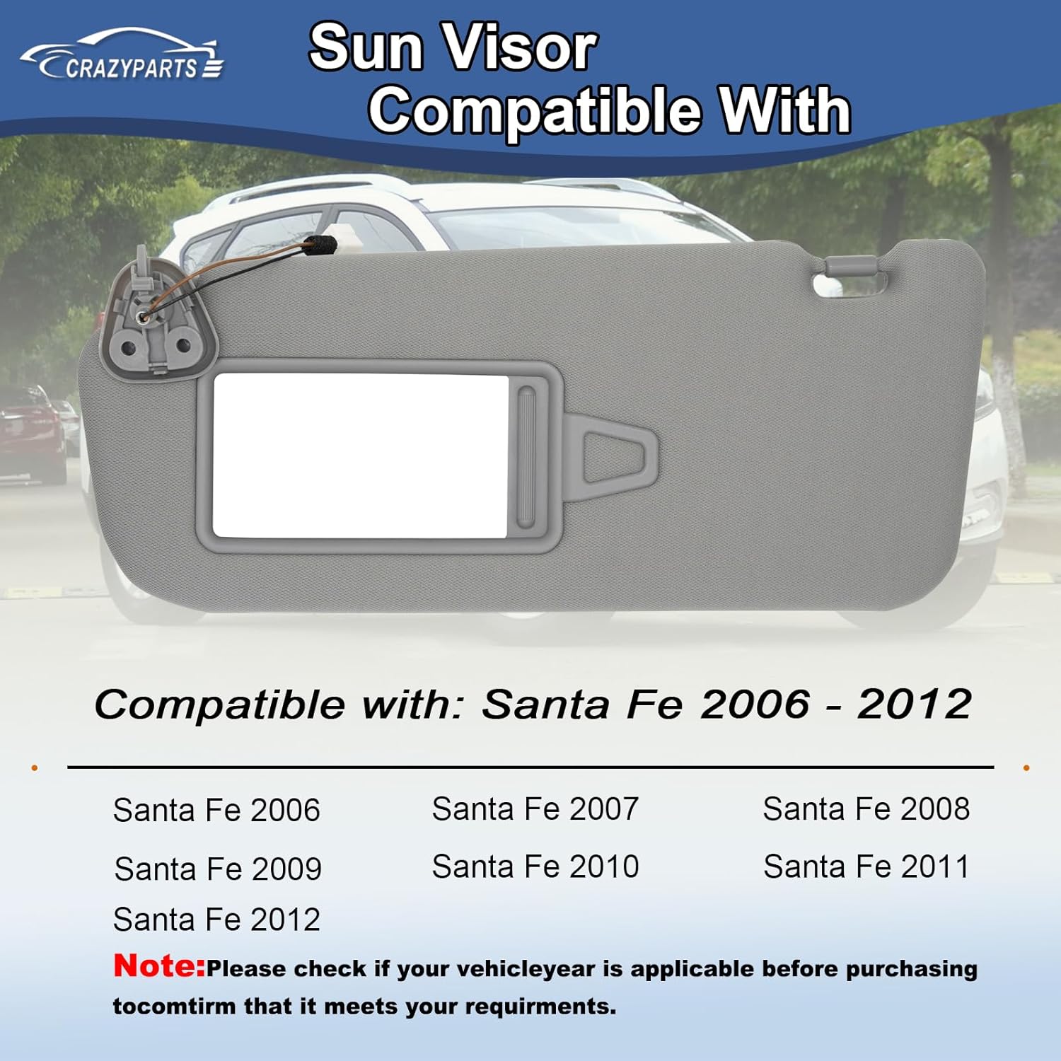 Driver Side Sun Visor Compatible with Hyundai Santa Fe 2006-2012 Sun Shade with Light Replacement 852100W610J4 Color Gray