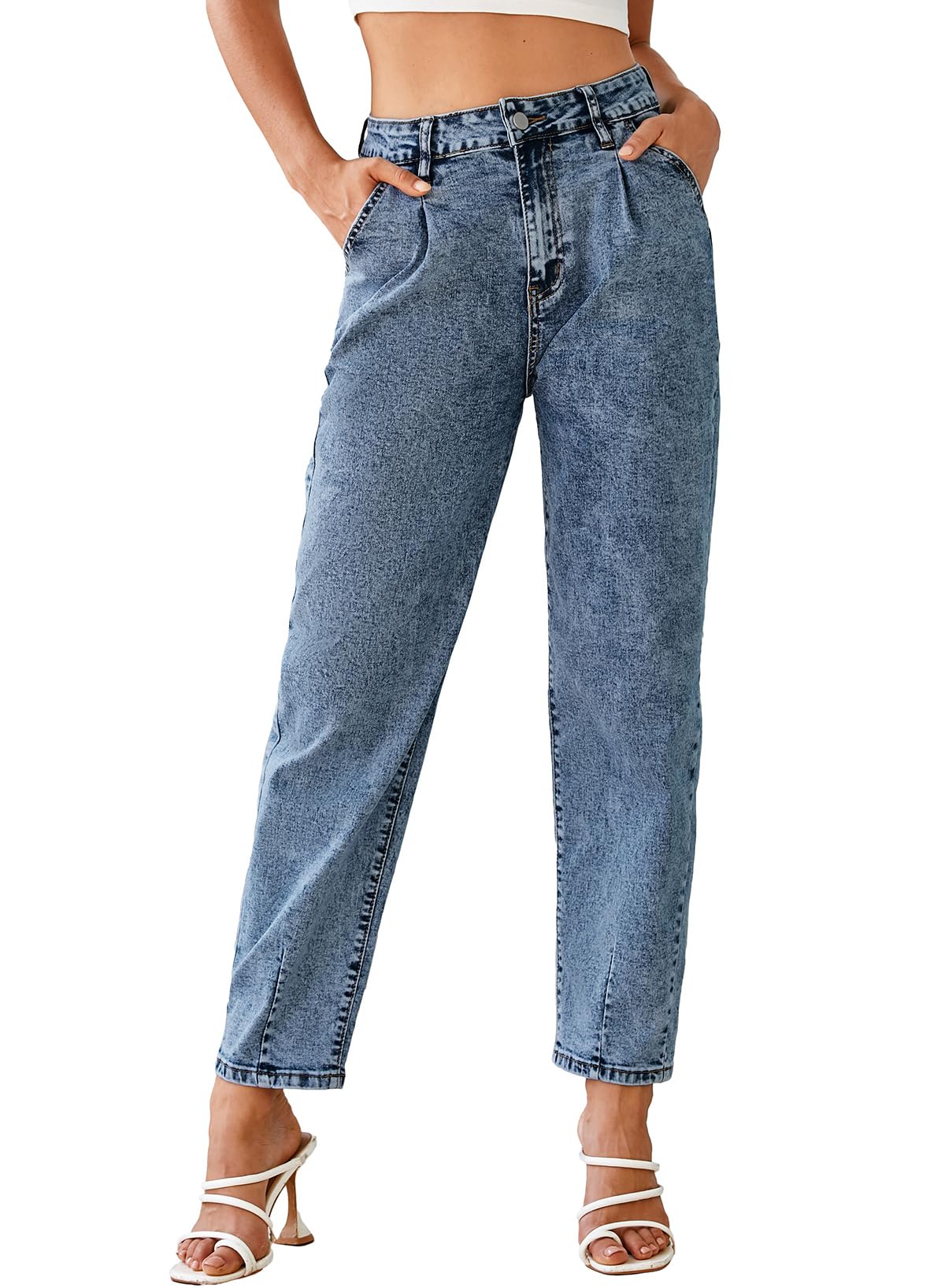 EVALESSWomens Baggy Jeans High Waisted Stretchy Boyfriend Barrel Denim Ankle Pants